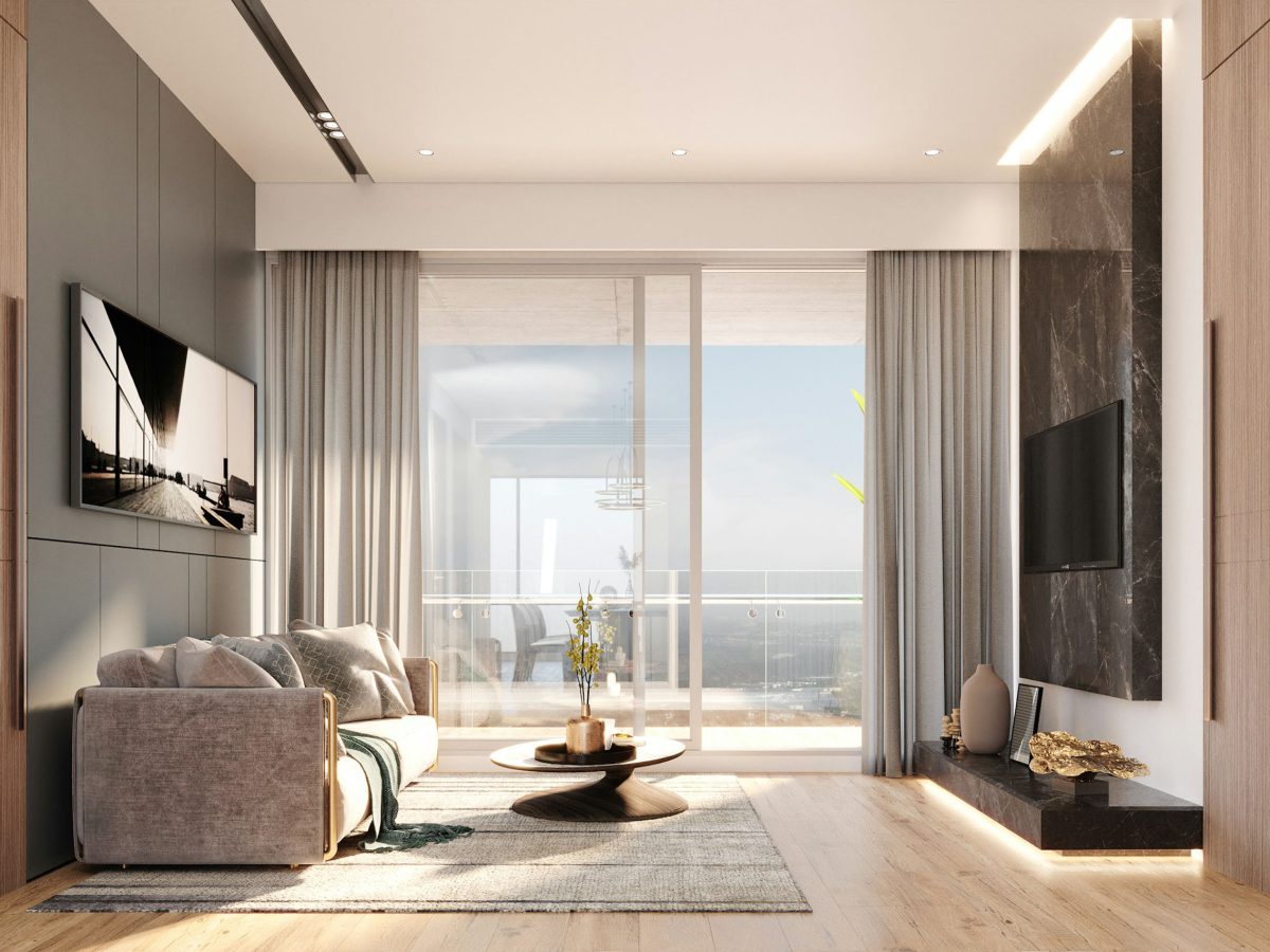 Luxurious Montreal living room with custom millwork, soft neutral palette, and elegant floor-to-ceiling windows — full-service interior design and renovation by Lucie Pitt.