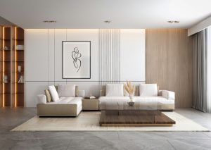 Luxury minimalist living room with modern sectional sofa, wood-paneled accent wall, and elegant built-in shelving.