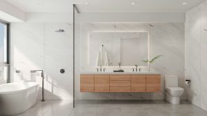 Salle de bain moderne de luxe avec vanité flottante en bois, bain autoportant, murs en marbre et design minimaliste élégant signé Lucie Pitt.