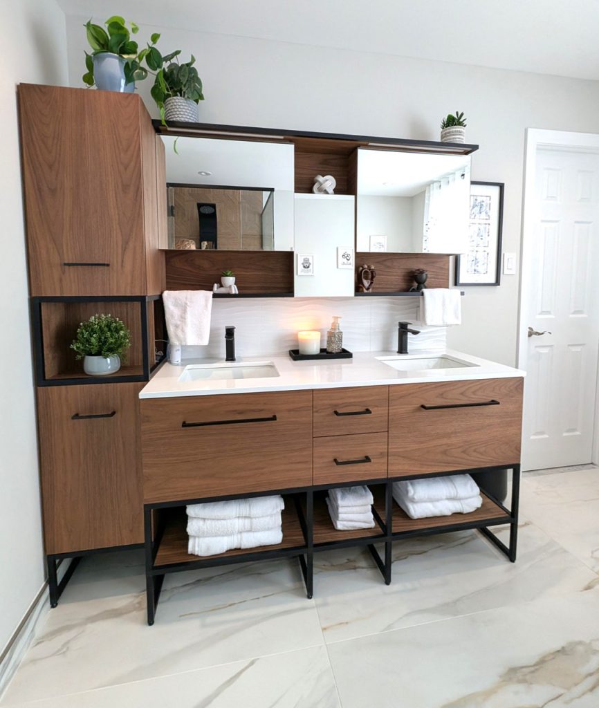 Luxury bathroom with walnut double vanity, black fixtures, open shelving, and refined spa-inspired design — part of Lucie Pitt’s Laval Harmony project.